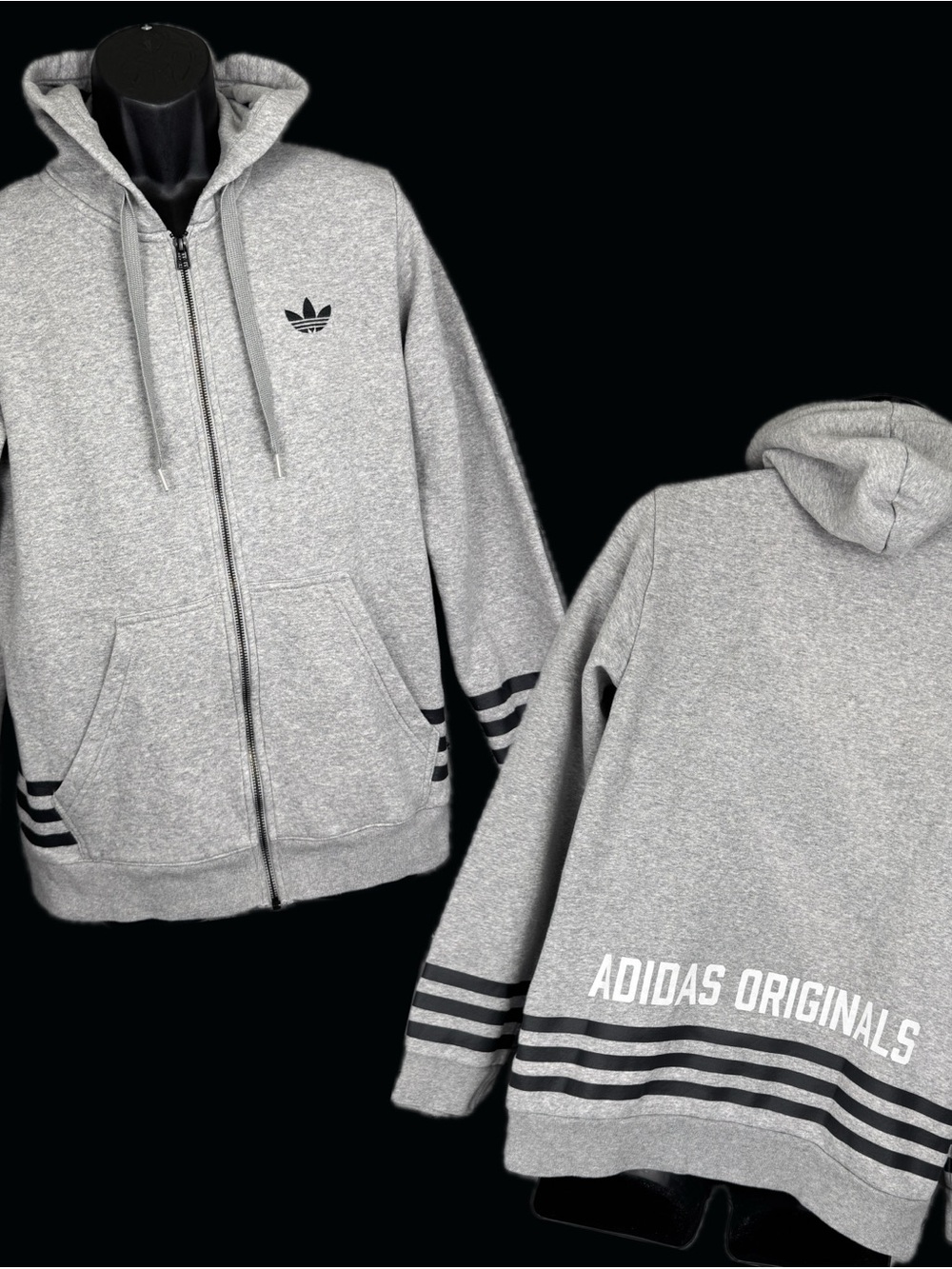 Adidas Originals Mens M Grey Full Zip Hoodie Trefoil 3 Stripe Street Graphic